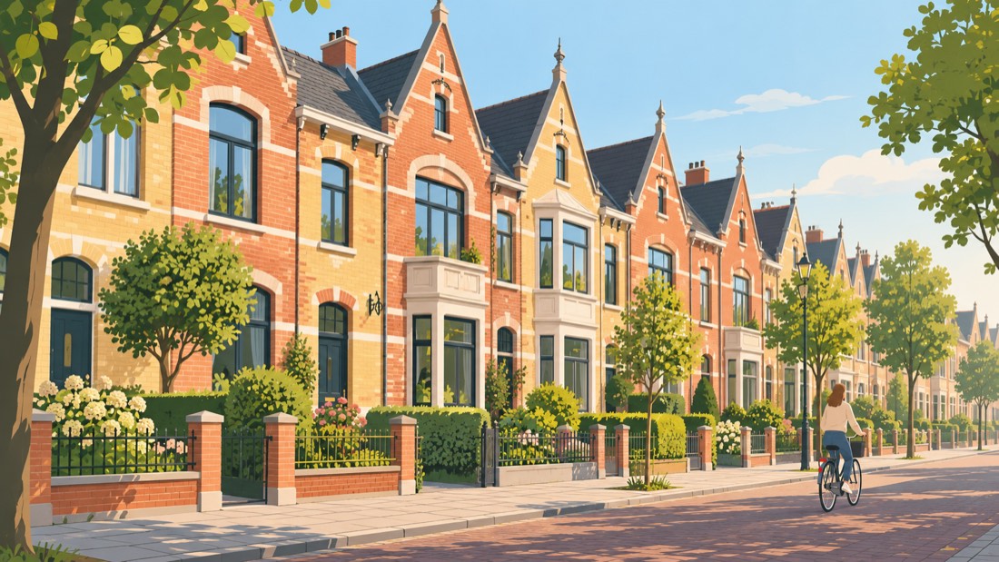 Illustratie van een woonstraat met baksteen-rijwoningen en erkers, zoals in Deurne