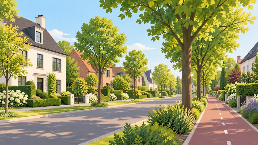 Illustratie van een groene woonstraat met vrijstaande en halfopen woningen, zoals in Kapellen