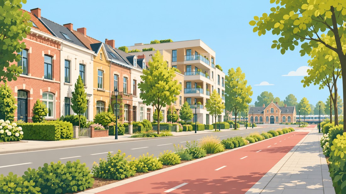 Illustratie van rijwoningen, een modern appartementsgebouw en een stationsgebouw, zoals in Kontich