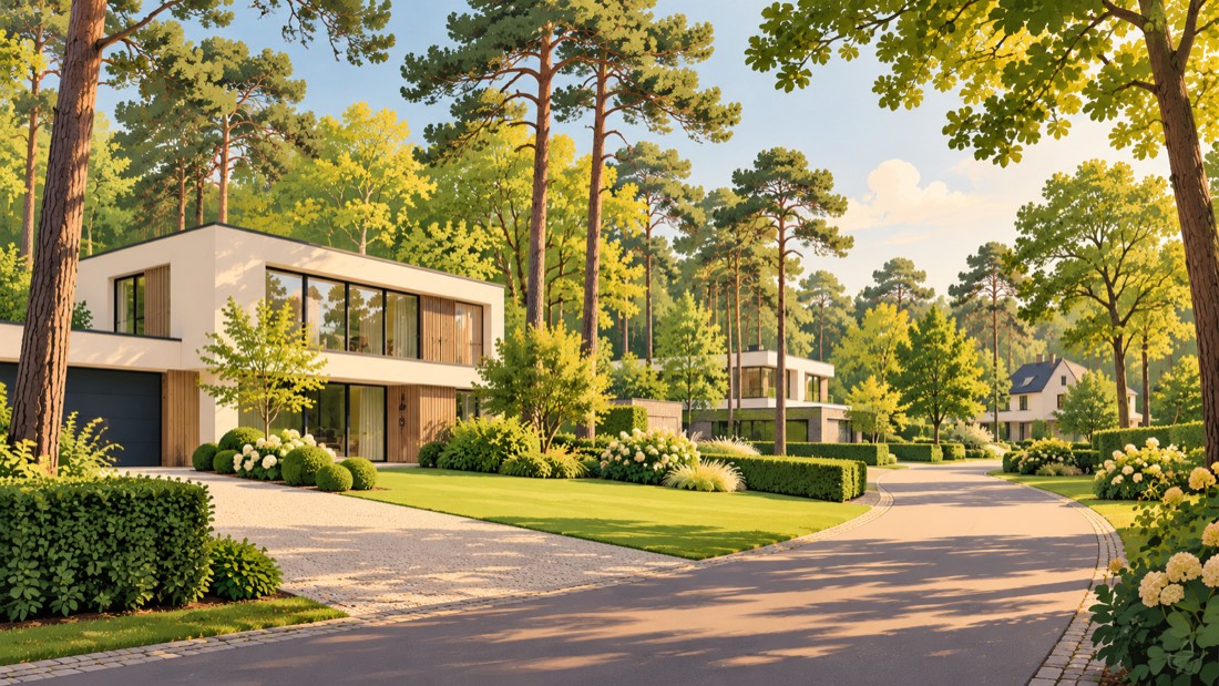 Illustratie van een moderne villa in een bosrijke woonwijk, zoals in Schilde
