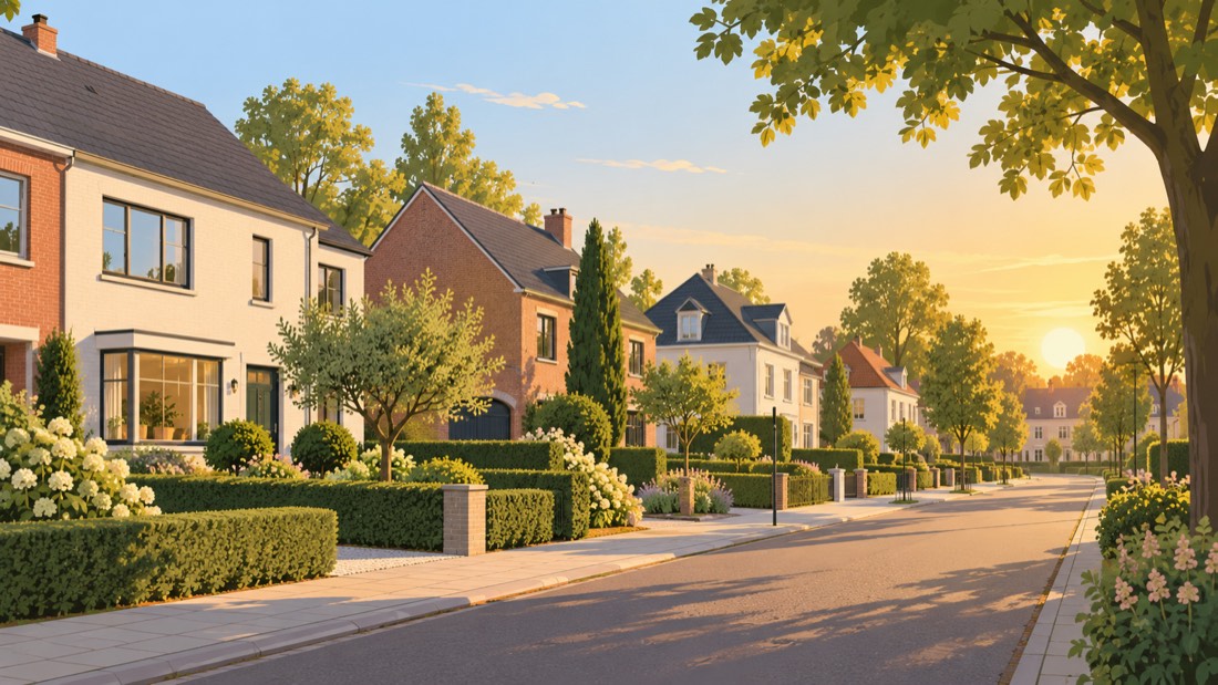 Illustratie van een residentiële straat met halfopen woningen en villa's in de avondzon, zoals in Schoten
