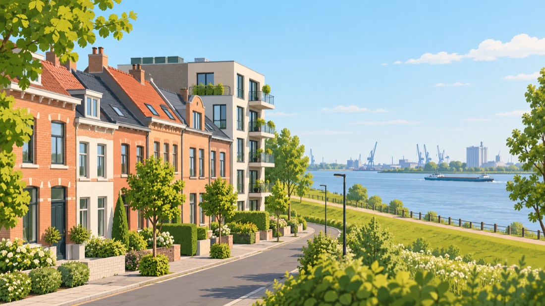 Illustratie van baksteen-rijwoningen en een appartementsgebouw aan de Scheldedijk, zoals in Zwijndrecht